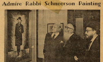 Jacques Lifschitz, at a Chassidic art show in Michigan, admires a painting of the Rebbe (The Detroit Jewish News)